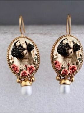 Pug Floral Drop Earrings - Gold Frame with Pink Roses